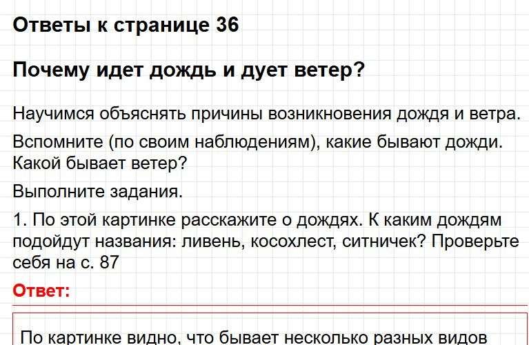 Ответы к странице 36 - окружащий мир 1 класс Плешаков, учебник часть 2. Фрагмент 1 / 3